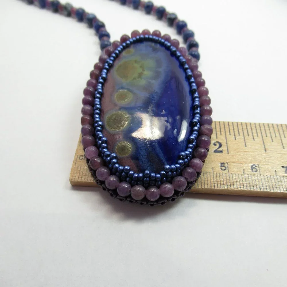 Artisan Bead embroidered cabochon on Sodalite and Lepidolite necklace